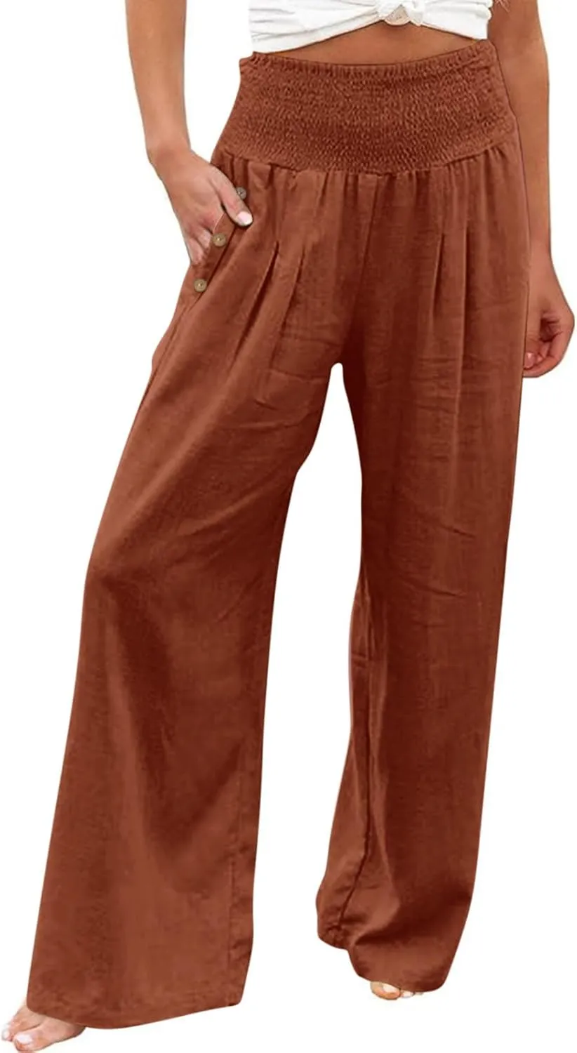 Women Linen Palazzo Pant Summer Boho Pants High Waist Pants Wide Leg Pants Cotton Flowy Trousers with Pocket