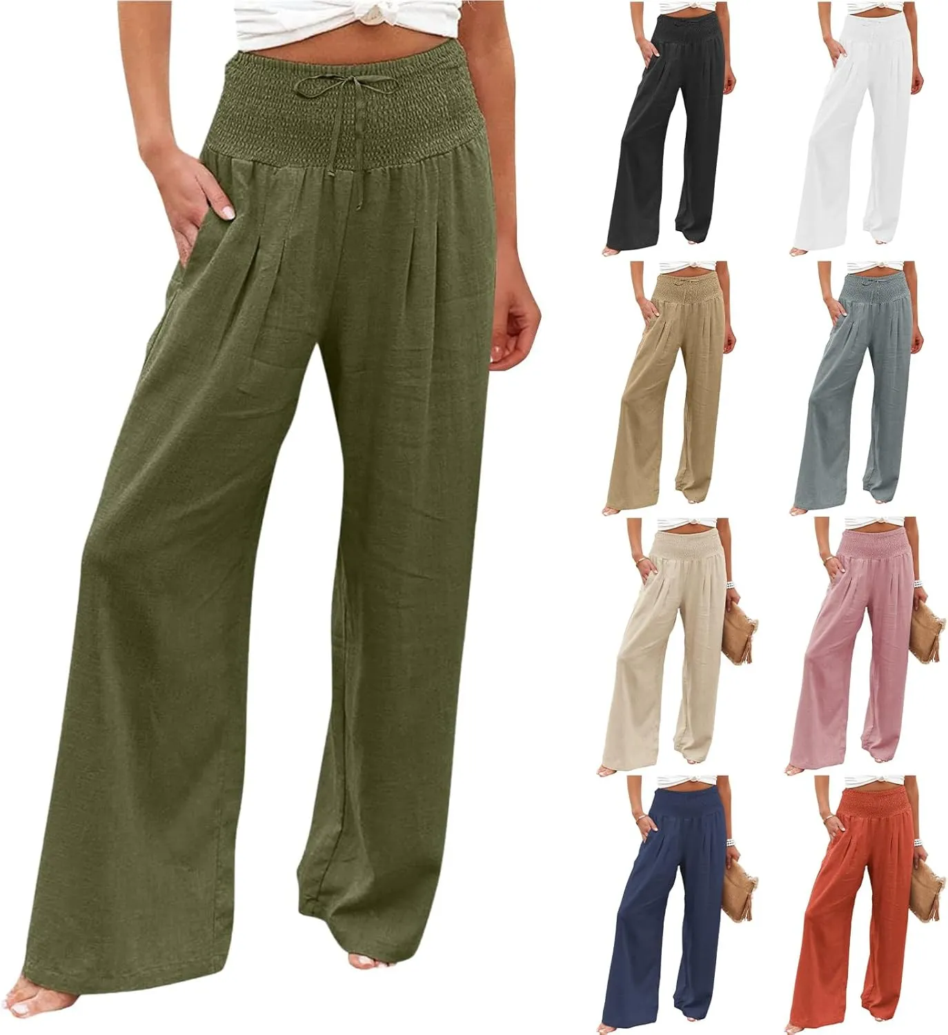 Women Linen Palazzo Pants Summer Elastic High Waisted Wide Leg Long Trousers Lounge Vacation Beach Pant with Pockets