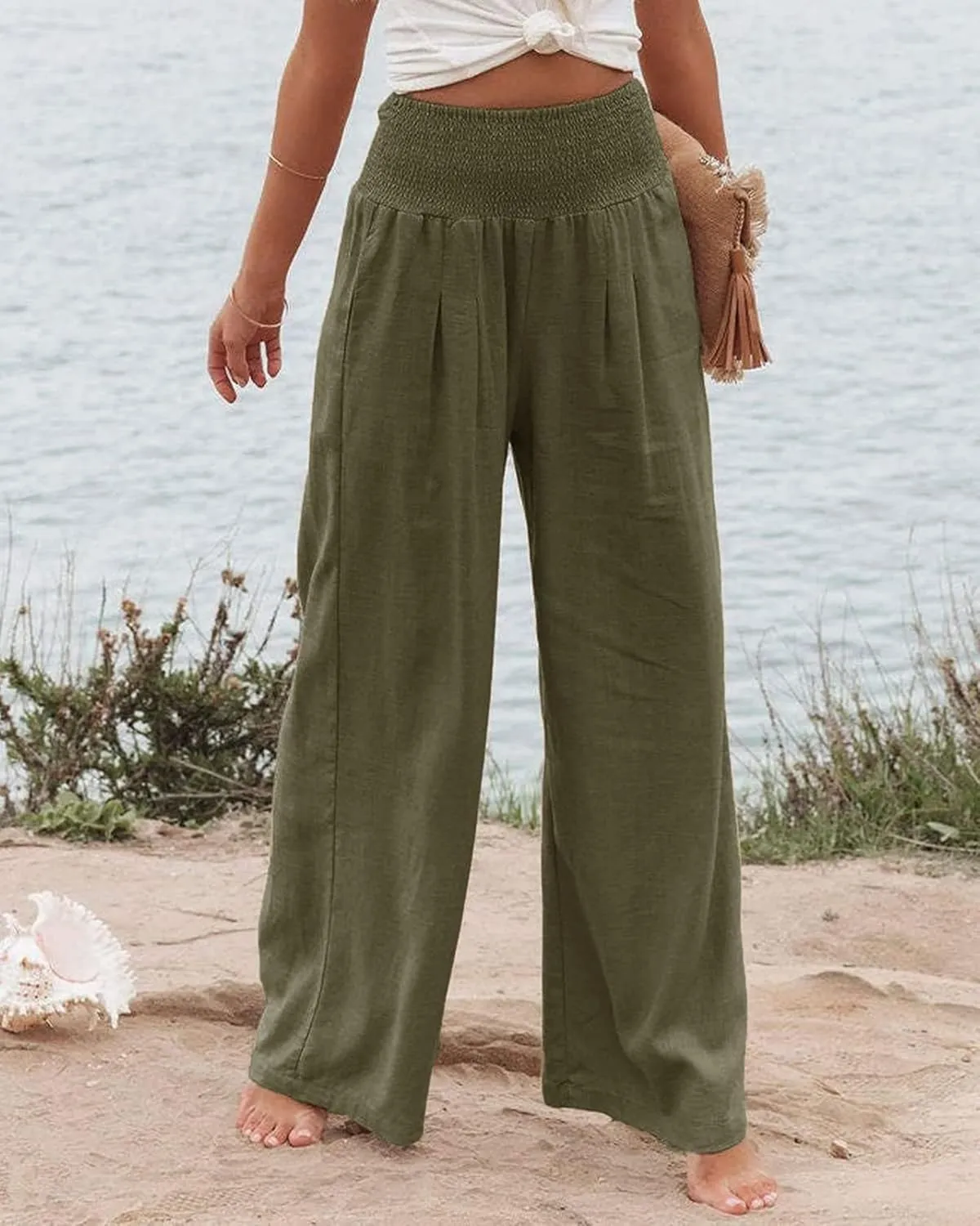 Women Linen Palazzo Pants Summer Elastic High Waisted Wide Leg Long Trousers Lounge Vacation Beach Pant with Pockets