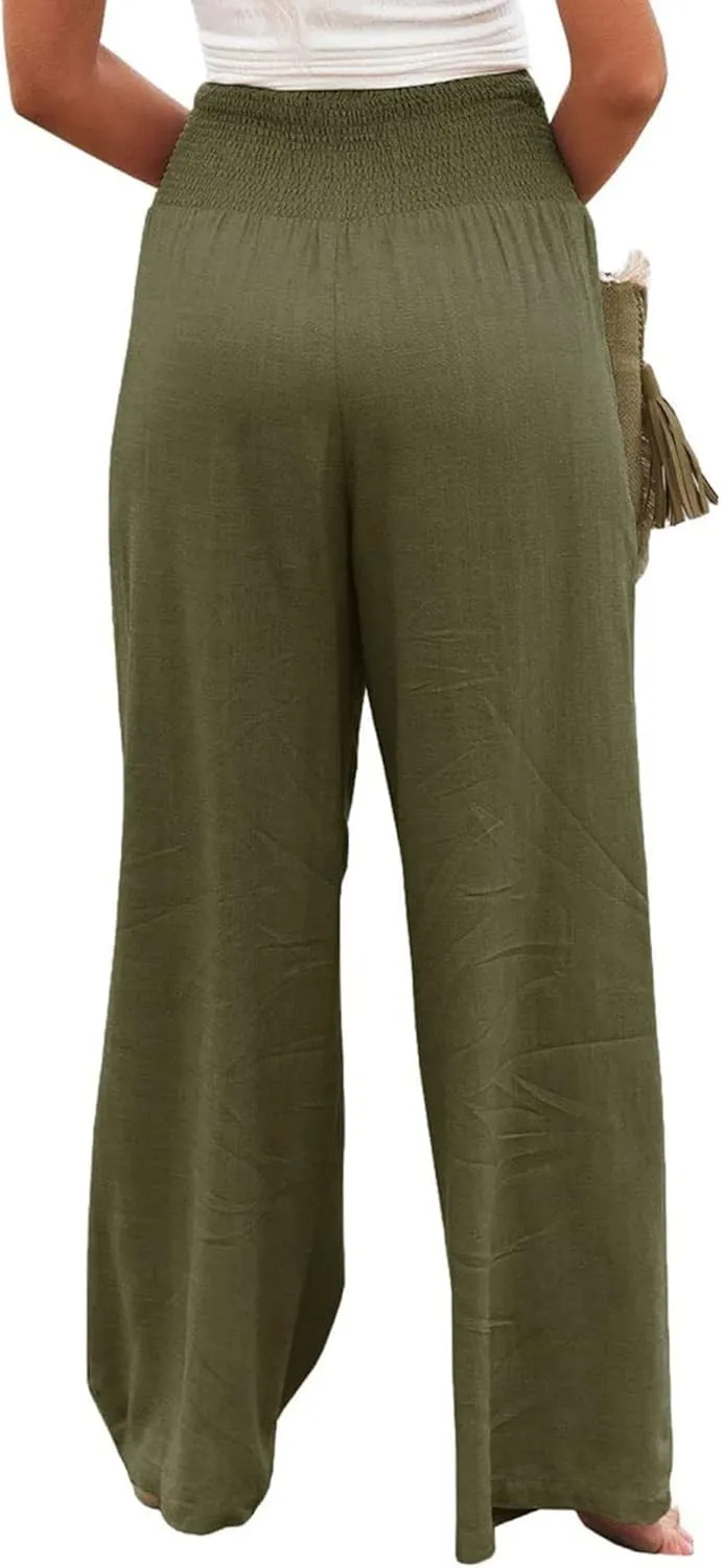Women Linen Palazzo Pants Summer Elastic High Waisted Wide Leg Long Trousers Lounge Vacation Beach Pant with Pockets