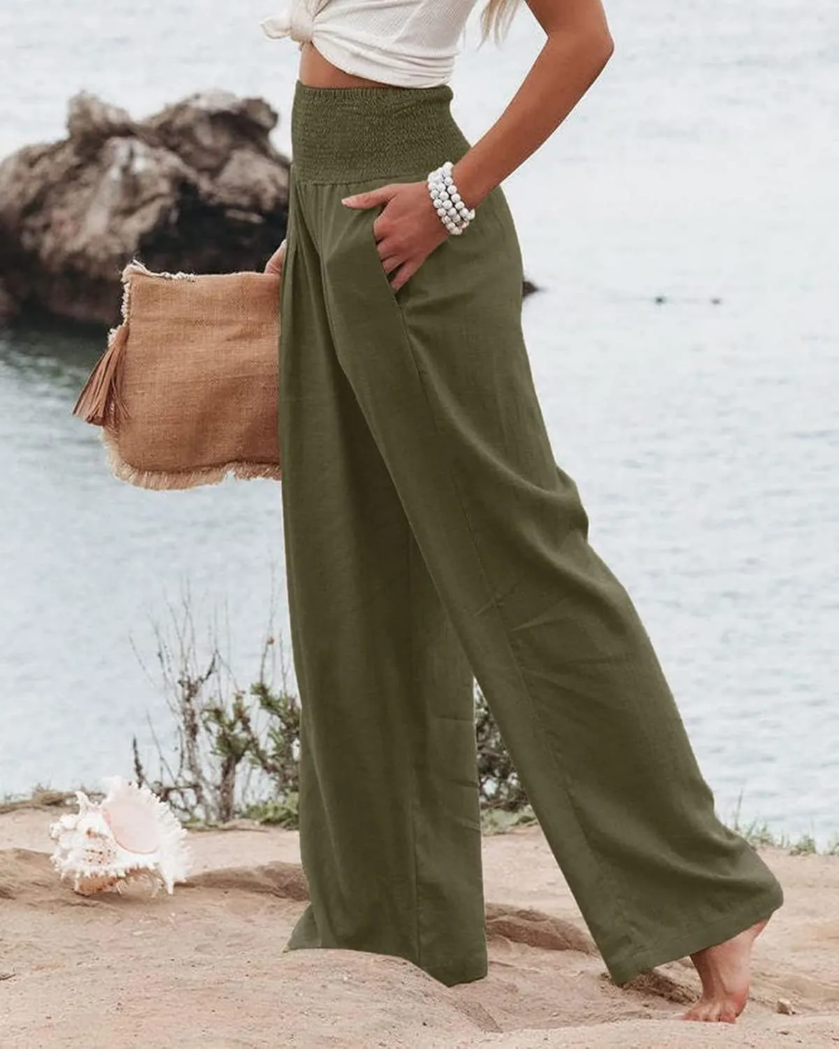 Women Linen Palazzo Pants Summer Elastic High Waisted Wide Leg Long Trousers Lounge Vacation Beach Pant with Pockets