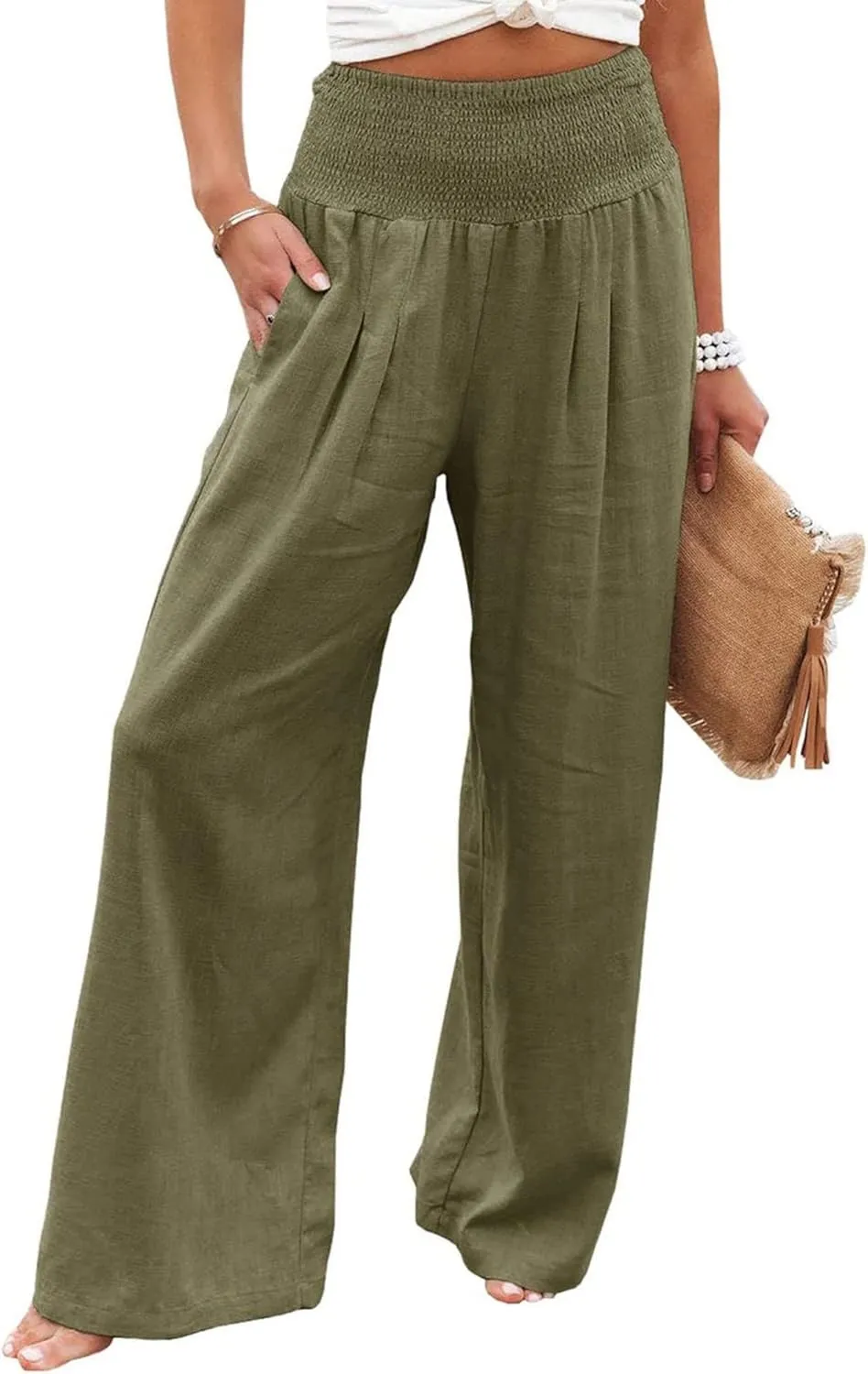 Women Linen Palazzo Pants Summer Elastic High Waisted Wide Leg Long Trousers Lounge Vacation Beach Pant with Pockets