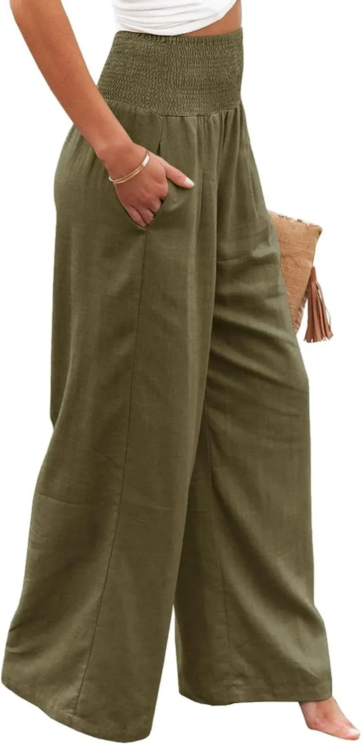 Women Linen Palazzo Pants Summer Elastic High Waisted Wide Leg Long Trousers Lounge Vacation Beach Pant with Pockets