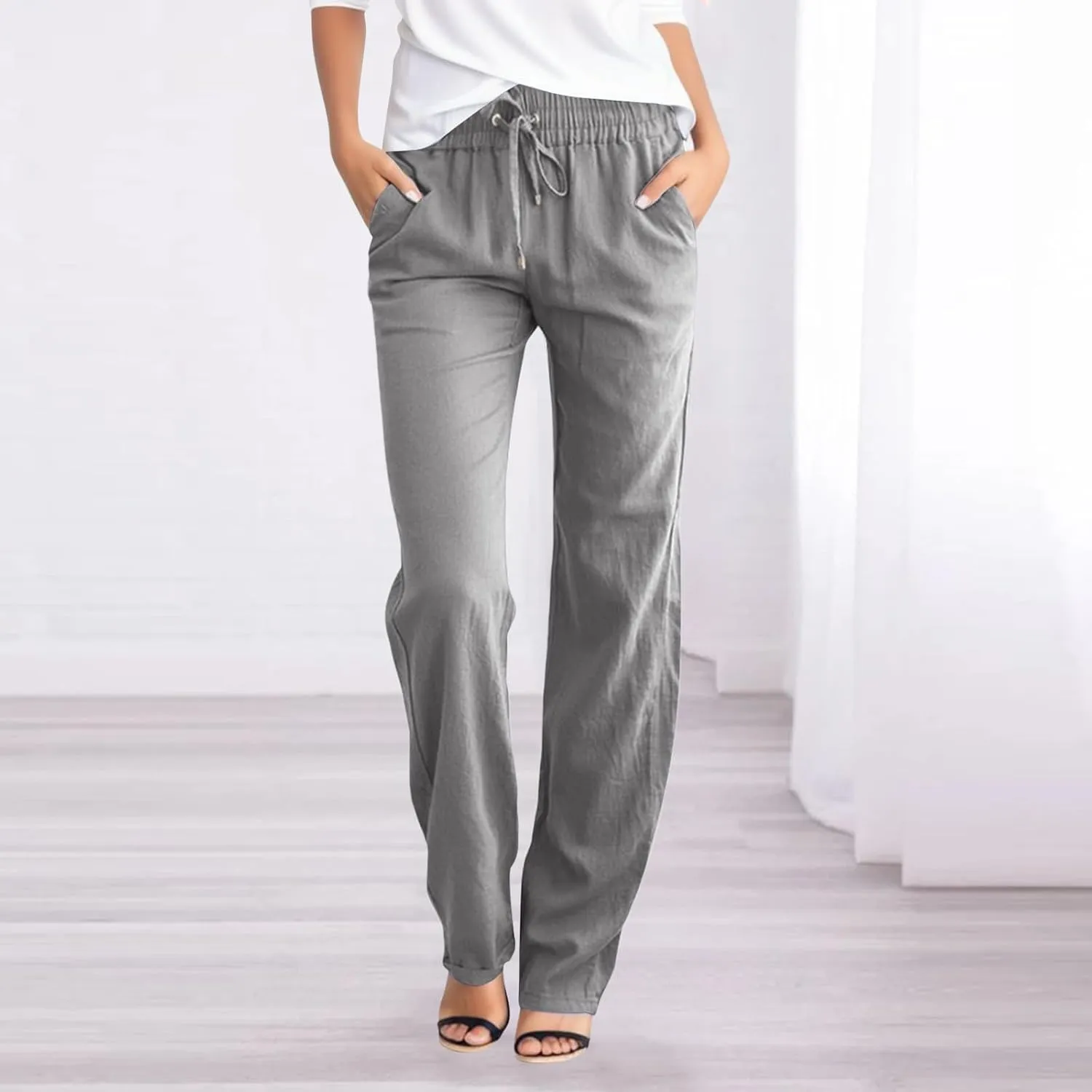 Women Linen Pants Beach Drawstring Joggers Cotton Loose Gauze Pants Summer Causal Lightweight Pants Wide Leg Trousers