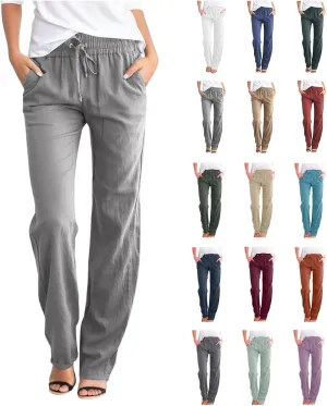 Women Linen Pants Beach Drawstring Joggers Cotton Loose Gauze Pants Summer Causal Lightweight Pants Wide Leg Trousers