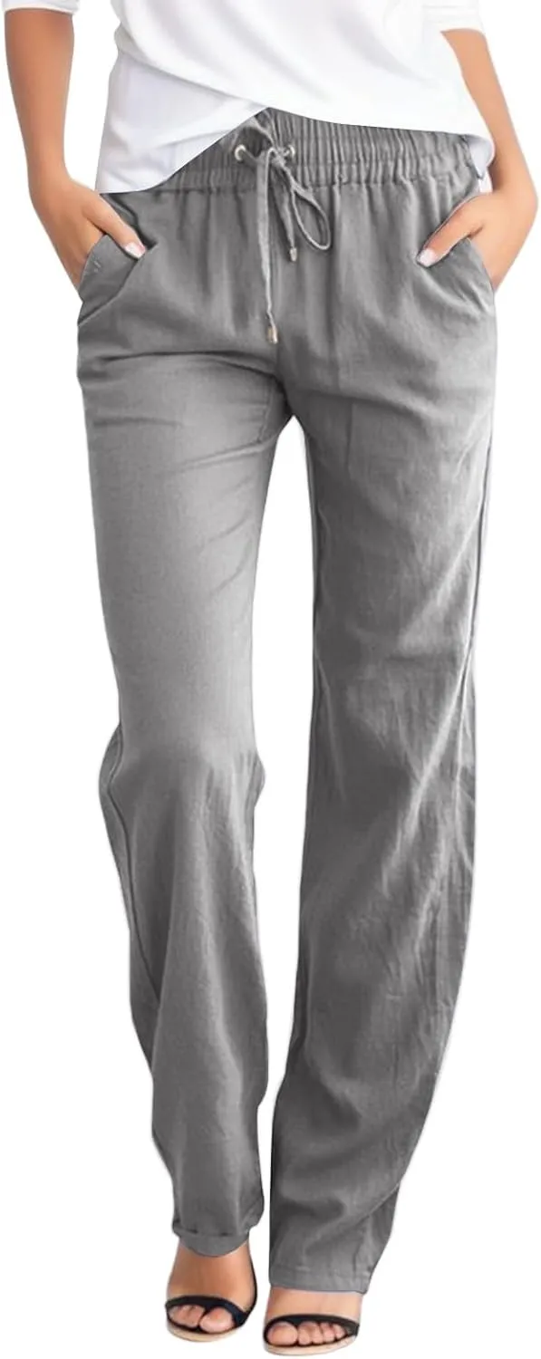 Women Linen Pants Beach Drawstring Joggers Cotton Loose Gauze Pants Summer Causal Lightweight Pants Wide Leg Trousers