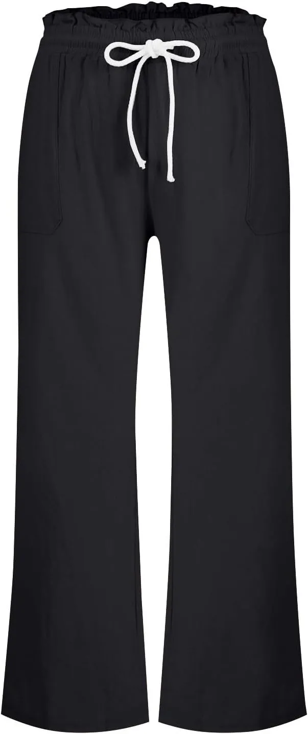 Women Linen Pants Pants Drawstring Striped with Pockets- Trousers Lounge Gauze Sweat Wide Leg for Women Trendy