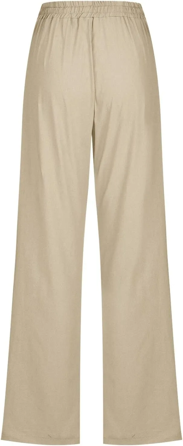 Women Linen Summer Casual Flowy Palazzo Pants Elastic Waist Lounge Pants Loose Fit Pants Beach