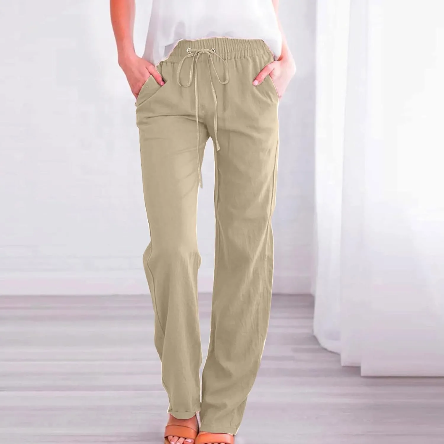 Women Linen Summer Casual Flowy Palazzo Pants Elastic Waist Lounge Pants Loose Fit Pants Beach