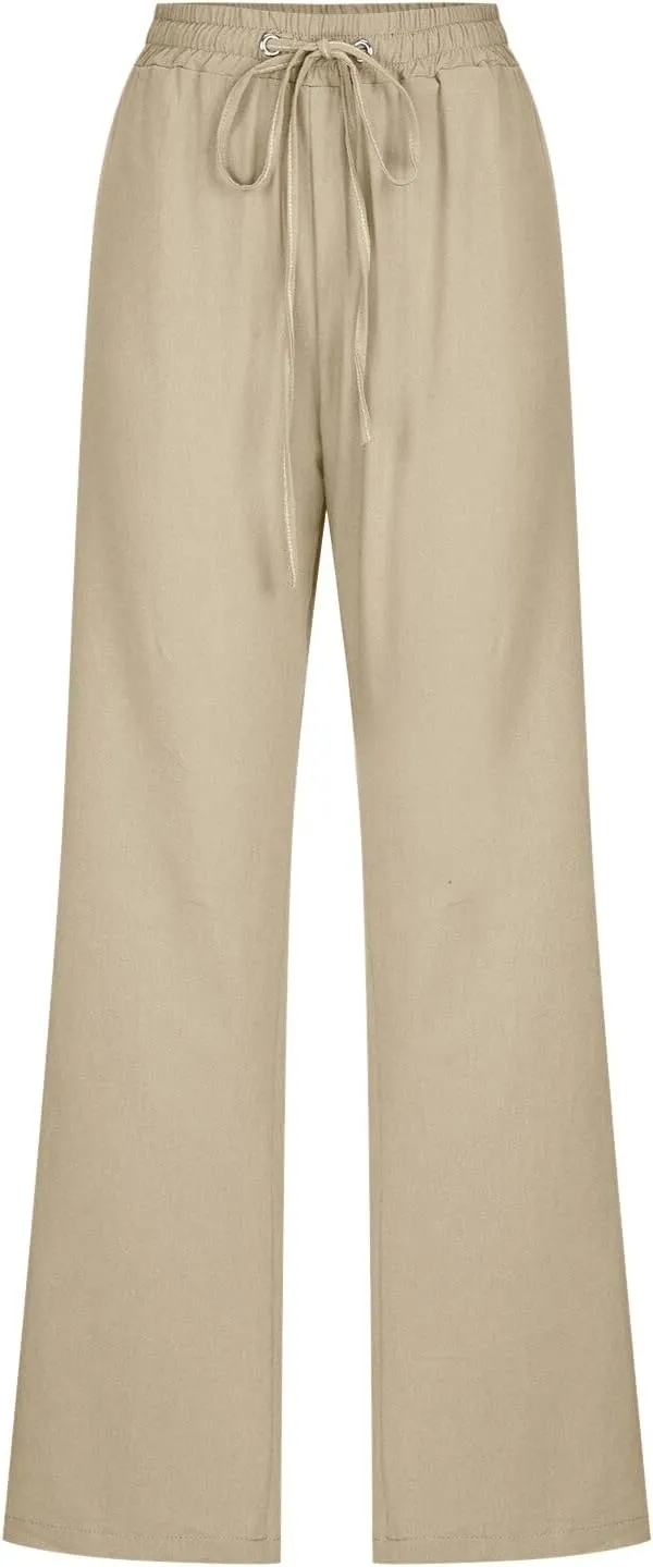 Women Linen Summer Casual Flowy Palazzo Pants Elastic Waist Lounge Pants Loose Fit Pants Beach