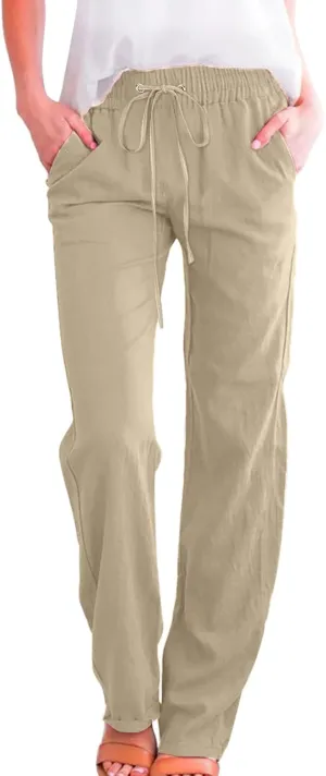 Women Linen Summer Casual Flowy Palazzo Pants Elastic Waist Lounge Pants Loose Fit Pants Beach