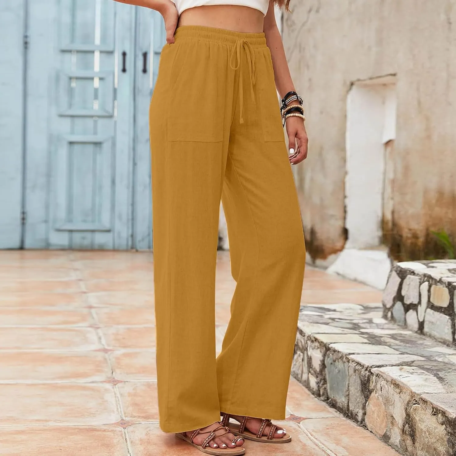 Women Linen Summer Cropped Palazzo Pants Low Waist Wide Leg Slim Fit Palazzo Lounge Pants Trendy