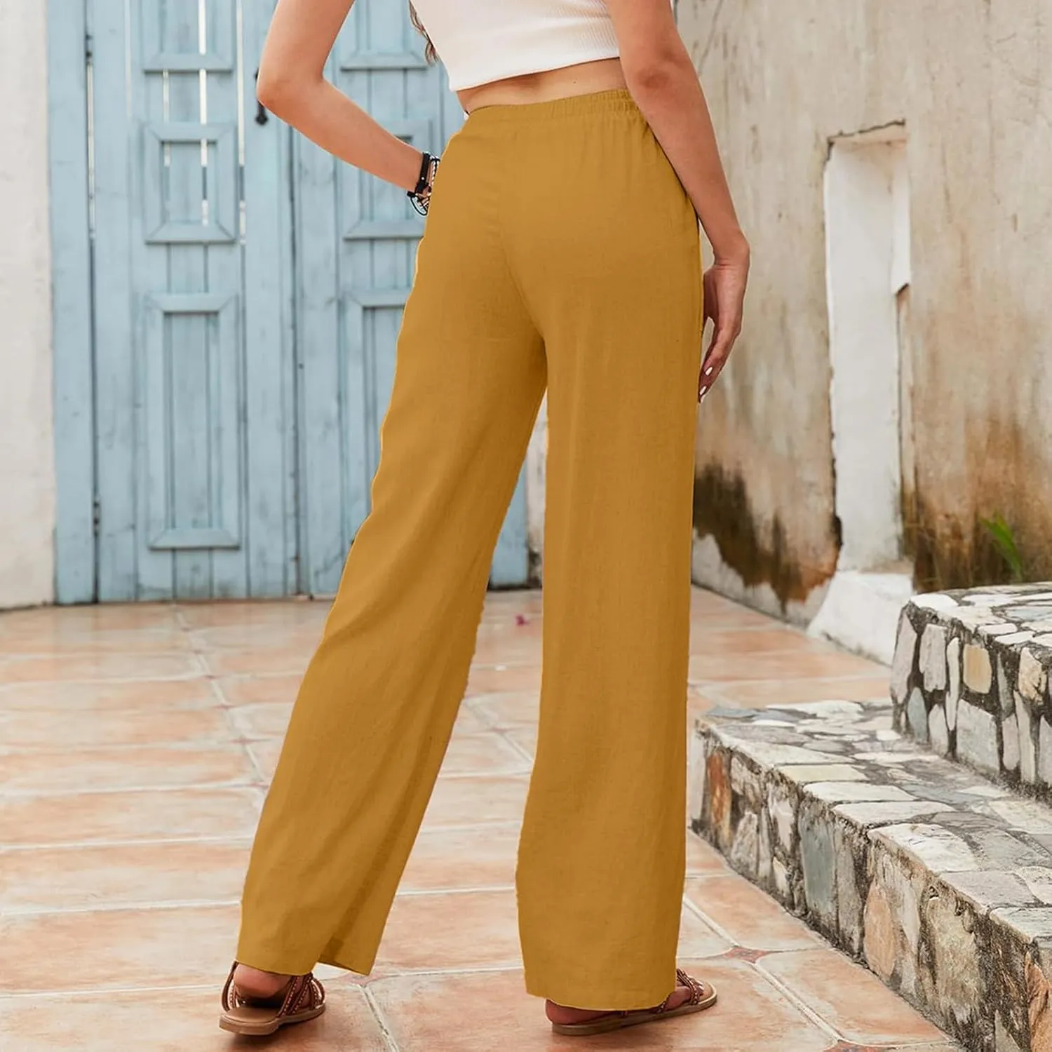 Women Linen Summer Cropped Palazzo Pants Low Waist Wide Leg Slim Fit Palazzo Lounge Pants Trendy