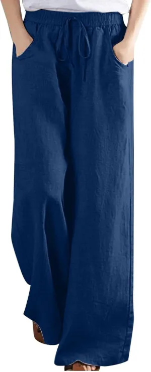 Women Linen Wide Leg Pants Casual High Waist Loose Palazzo Flowy Adjustable Tie Knot Trousers Lounge with Pockets