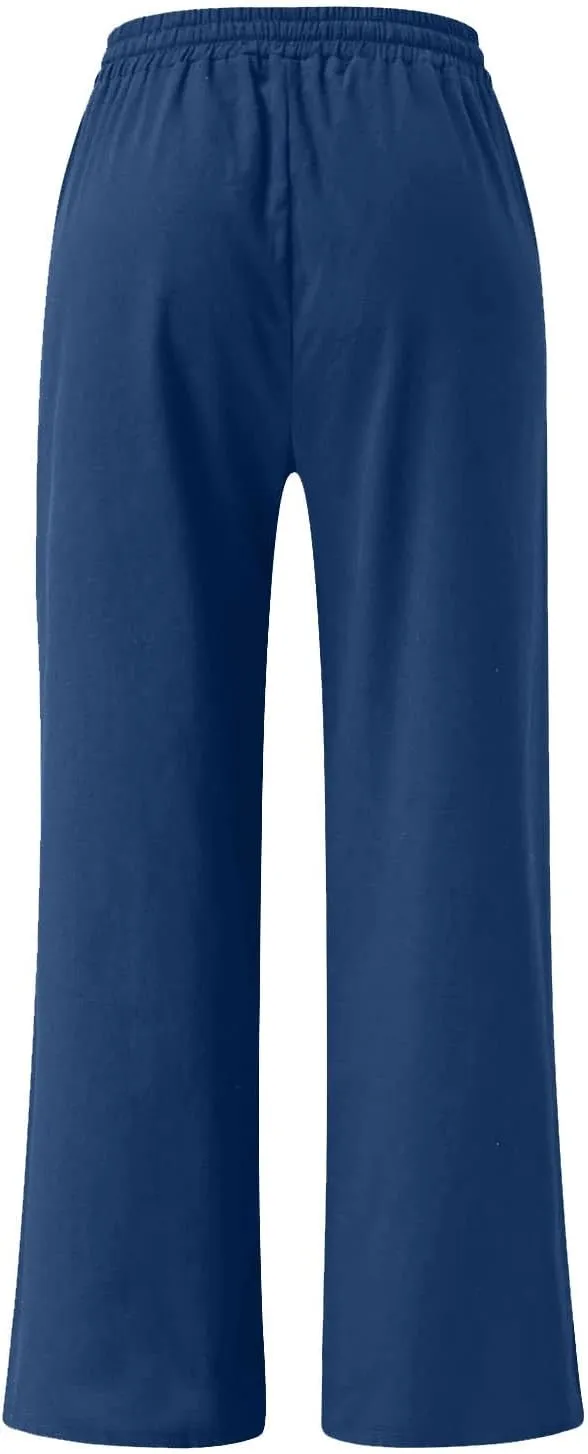 Women Linen Wide Leg Pants Casual High Waist Loose Palazzo Flowy Adjustable Tie Knot Trousers Lounge with Pockets