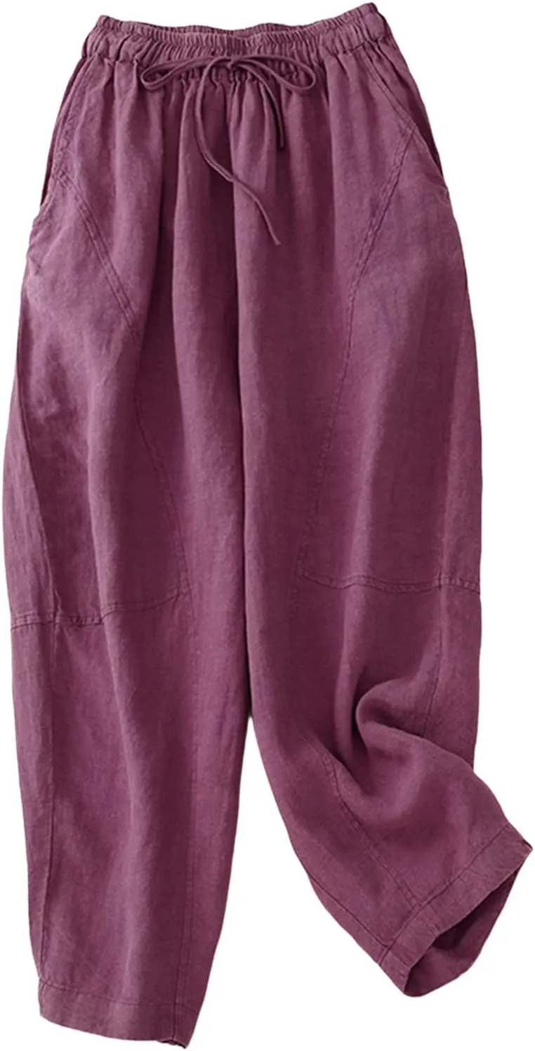 Women Pants Summer High Waisted Cotton Linen Solid Palazzo Pant with Pocket Trendy 2025 Wide Leg Long Lounge Trouser