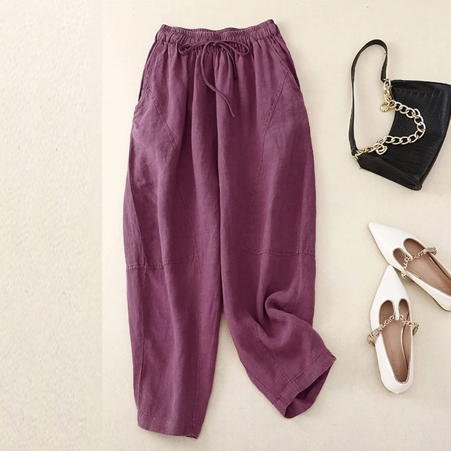 Women Pants Summer High Waisted Cotton Linen Solid Palazzo Pant with Pocket Trendy 2025 Wide Leg Long Lounge Trouser