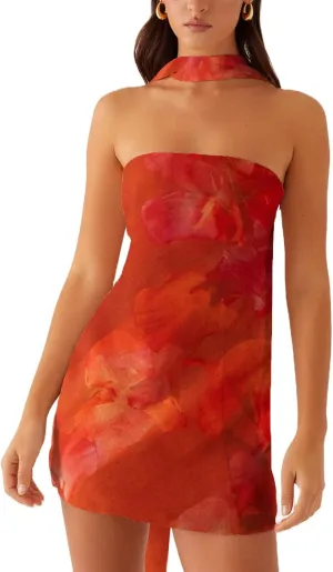 Women Ruffle Floral Strapless Mini Dress Y2K Mesh A Line Short Dress Cute Floral Scarf Tube Dresses Vacation Beach