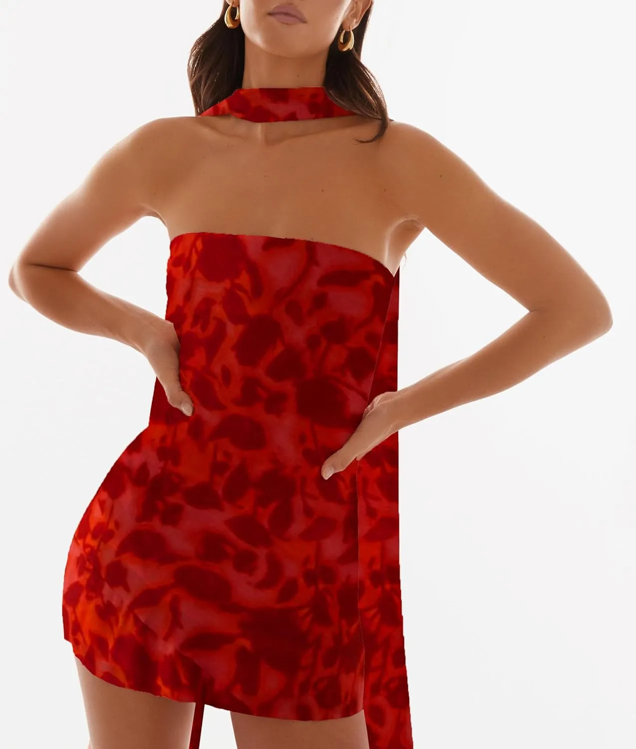 Women Ruffle Floral Strapless Mini Dress Y2K Mesh A Line Short Dress Cute Floral Scarf Tube Dresses Vacation Beach