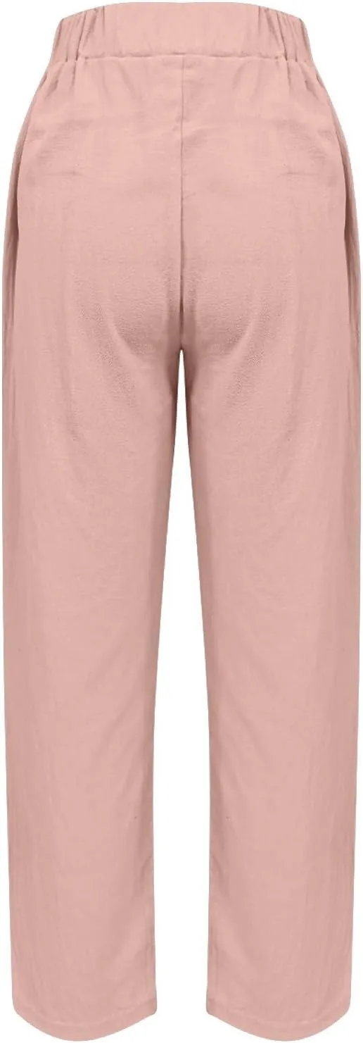 Women' s Elastic Waist Linen Cotton Trousers Summer Trendy Solid Color Casual with Pockets Outing Full Length Pants