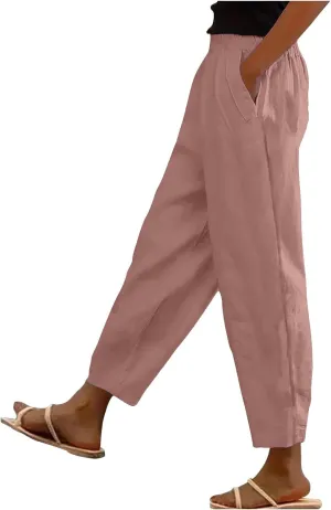 Women' s Elastic Waist Linen Cotton Trousers Summer Trendy Solid Color Casual with Pockets Outing Full Length Pants