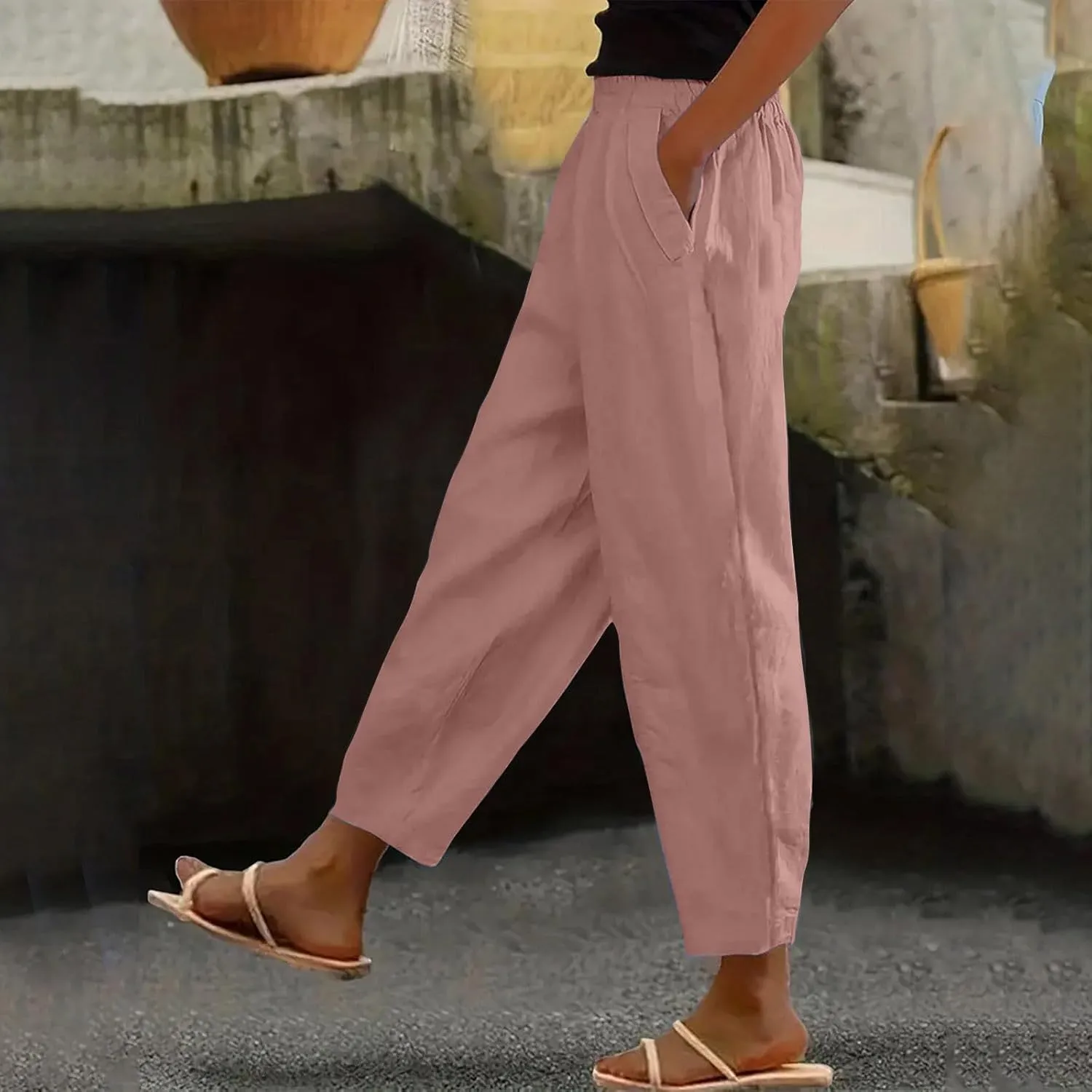 Women' s Elastic Waist Linen Cotton Trousers Summer Trendy Solid Color Casual with Pockets Outing Full Length Pants