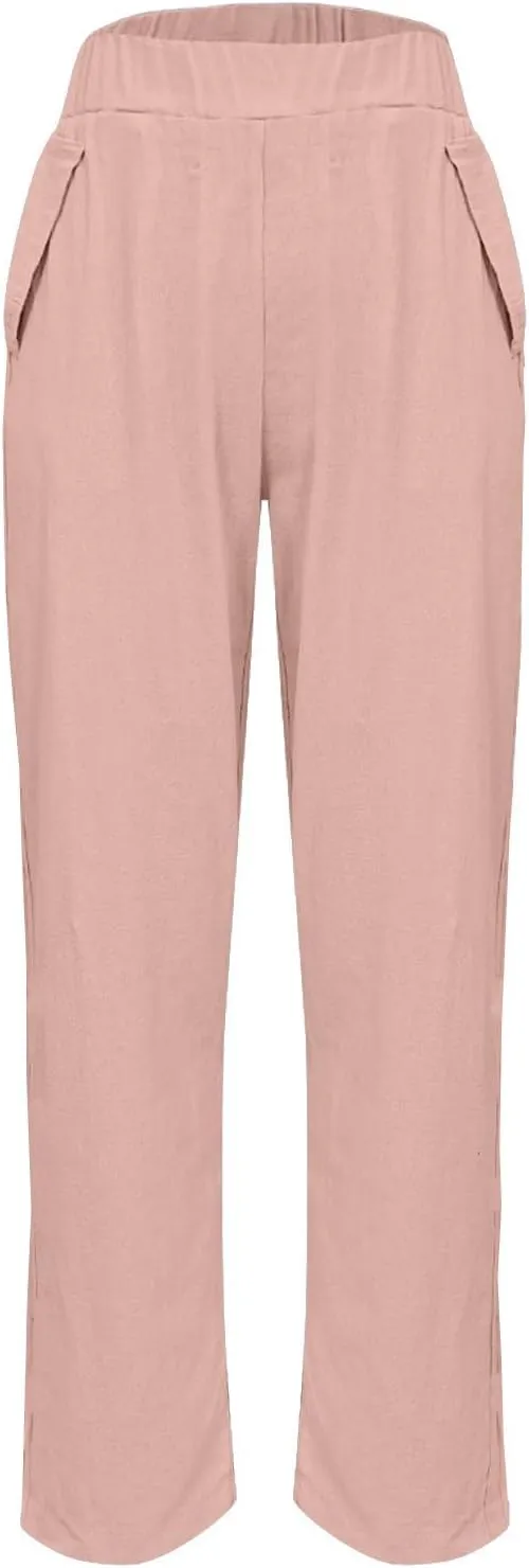 Women' s Elastic Waist Linen Cotton Trousers Summer Trendy Solid Color Casual with Pockets Outing Full Length Pants