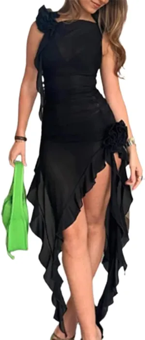 Women Sexy Ruffles Strapless Dress Mesh Floral Tassels Split Maxi Dress Ruched Bodycon Tube Long Dresses Party Outfits
