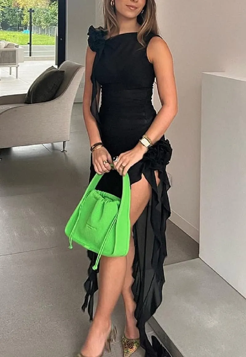 Women Sexy Ruffles Strapless Dress Mesh Floral Tassels Split Maxi Dress Ruched Bodycon Tube Long Dresses Party Outfits