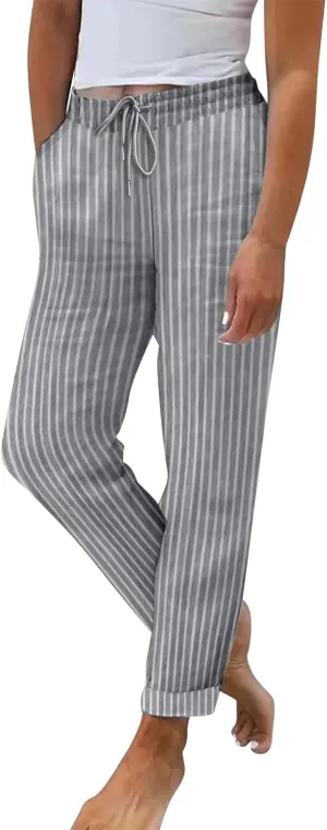 Women Stripe Casual Cotton Linen Pants, Drawstring Loose Straight Leg Pants Fashion Work Office Summer Pockets Trousers