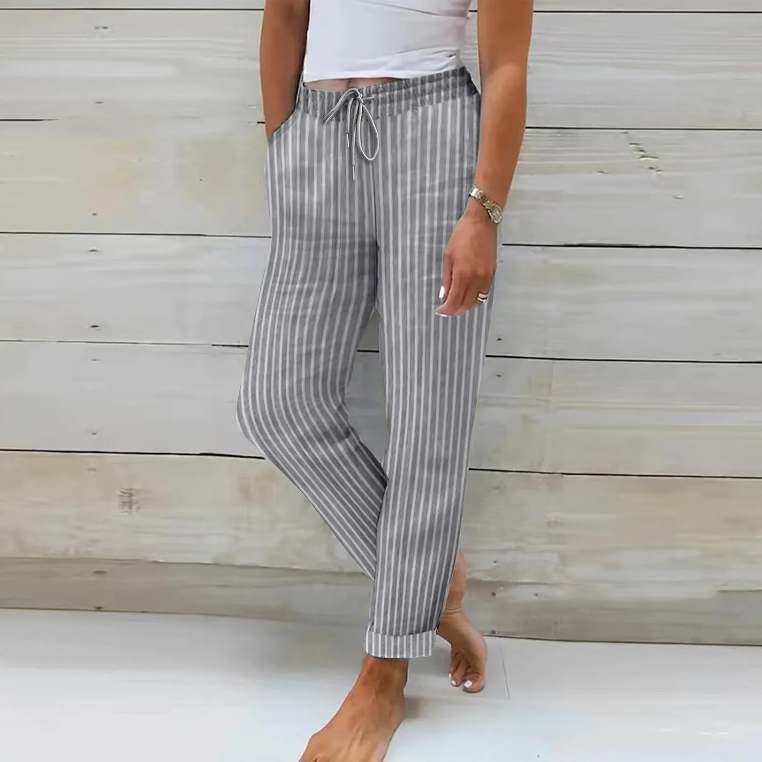 Women Stripe Casual Cotton Linen Pants, Drawstring Loose Straight Leg Pants Fashion Work Office Summer Pockets Trousers