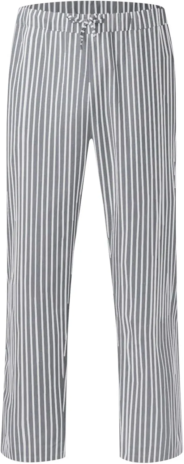 Women Stripe Casual Cotton Linen Pants, Drawstring Loose Straight Leg Pants Fashion Work Office Summer Pockets Trousers