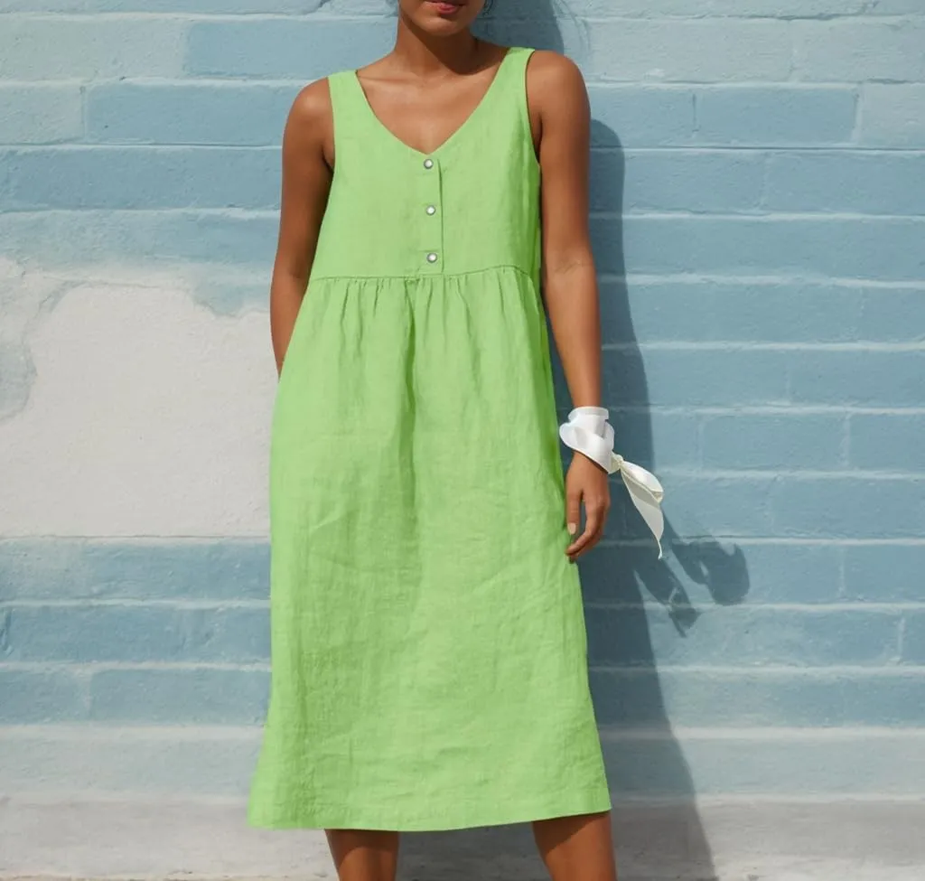 Women Summer Cotton Linen Midi Sun Dress Casual Sleeveless Button V Neck Pleated Loose Beach Tunic Dress
