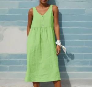 Women Summer Cotton Linen Midi Sun Dress Casual Sleeveless Button V Neck Pleated Loose Beach Tunic Dress