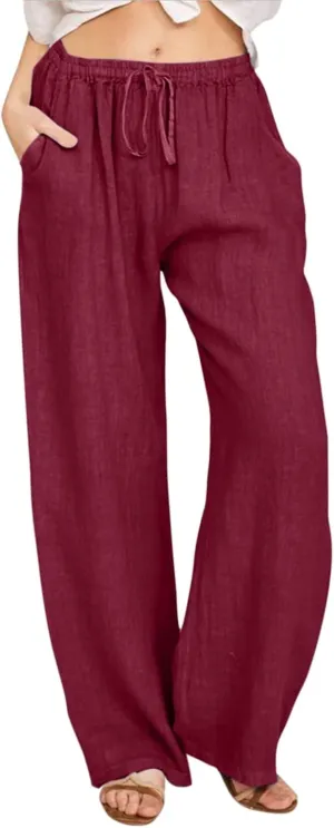 Women Summer High Waisted Linen Palazzo Pants Straight Leg Wide Leg Pant Drawstring Trousers with Pocket