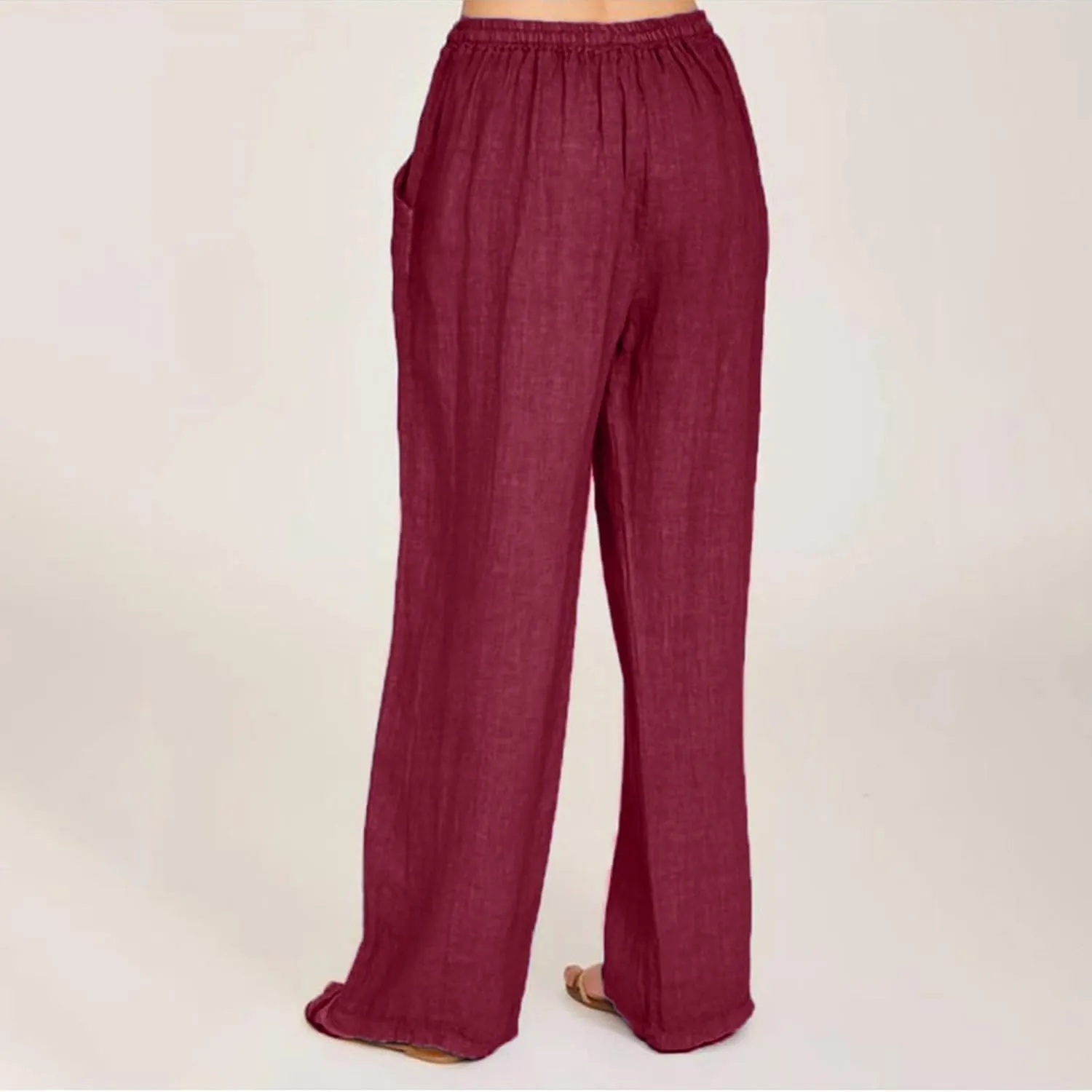 Women Summer High Waisted Linen Palazzo Pants Straight Leg Wide Leg Pant Drawstring Trousers with Pocket