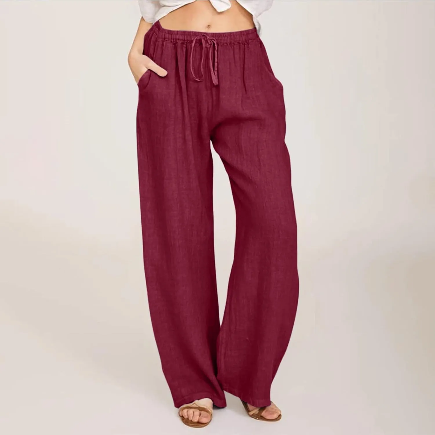 Women Summer High Waisted Linen Palazzo Pants Straight Leg Wide Leg Pant Drawstring Trousers with Pocket