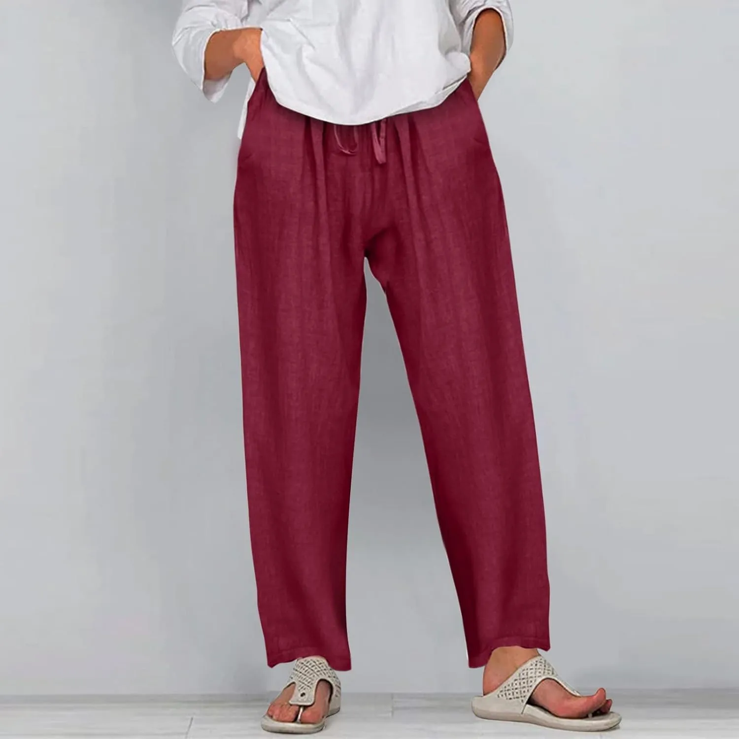Women Summer High Waisted Linen Palazzo Pants Straight Leg Wide Leg Pant Drawstring Trousers with Pocket