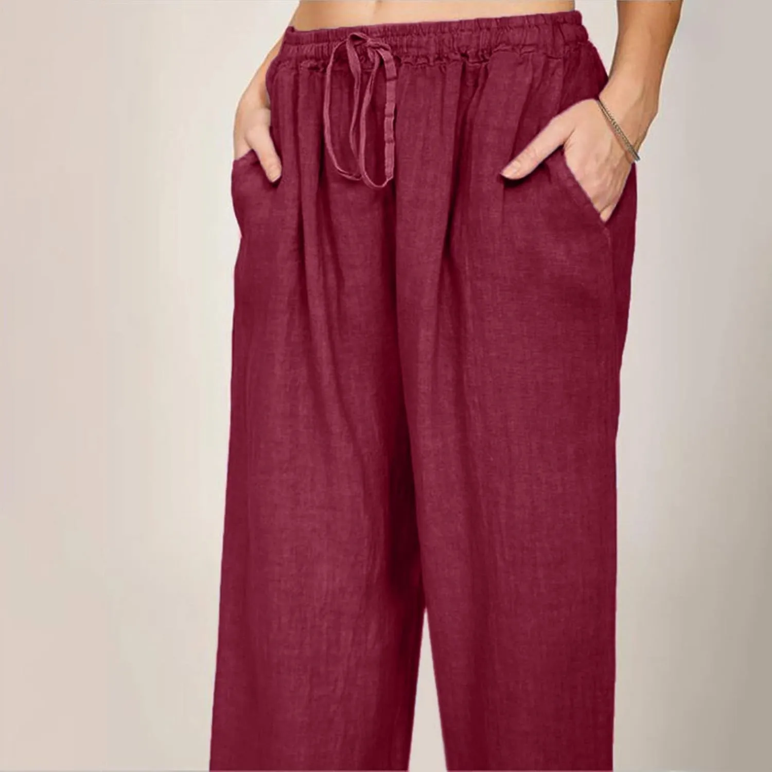 Women Summer High Waisted Linen Palazzo Pants Straight Leg Wide Leg Pant Drawstring Trousers with Pocket