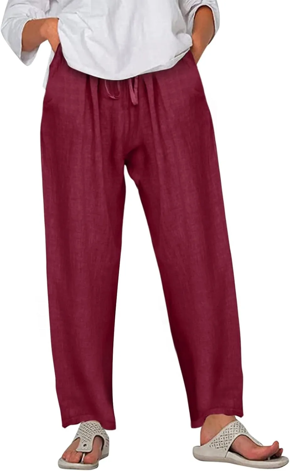 Women Summer High Waisted Linen Palazzo Pants Straight Leg Wide Leg Pant Drawstring Trousers with Pocket