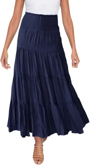 Women Summer Maxi Skirt Elastic High Waist Flowy Boho Casual Tiered Aline Long Beach Skirts 2024 Trendy Outfits