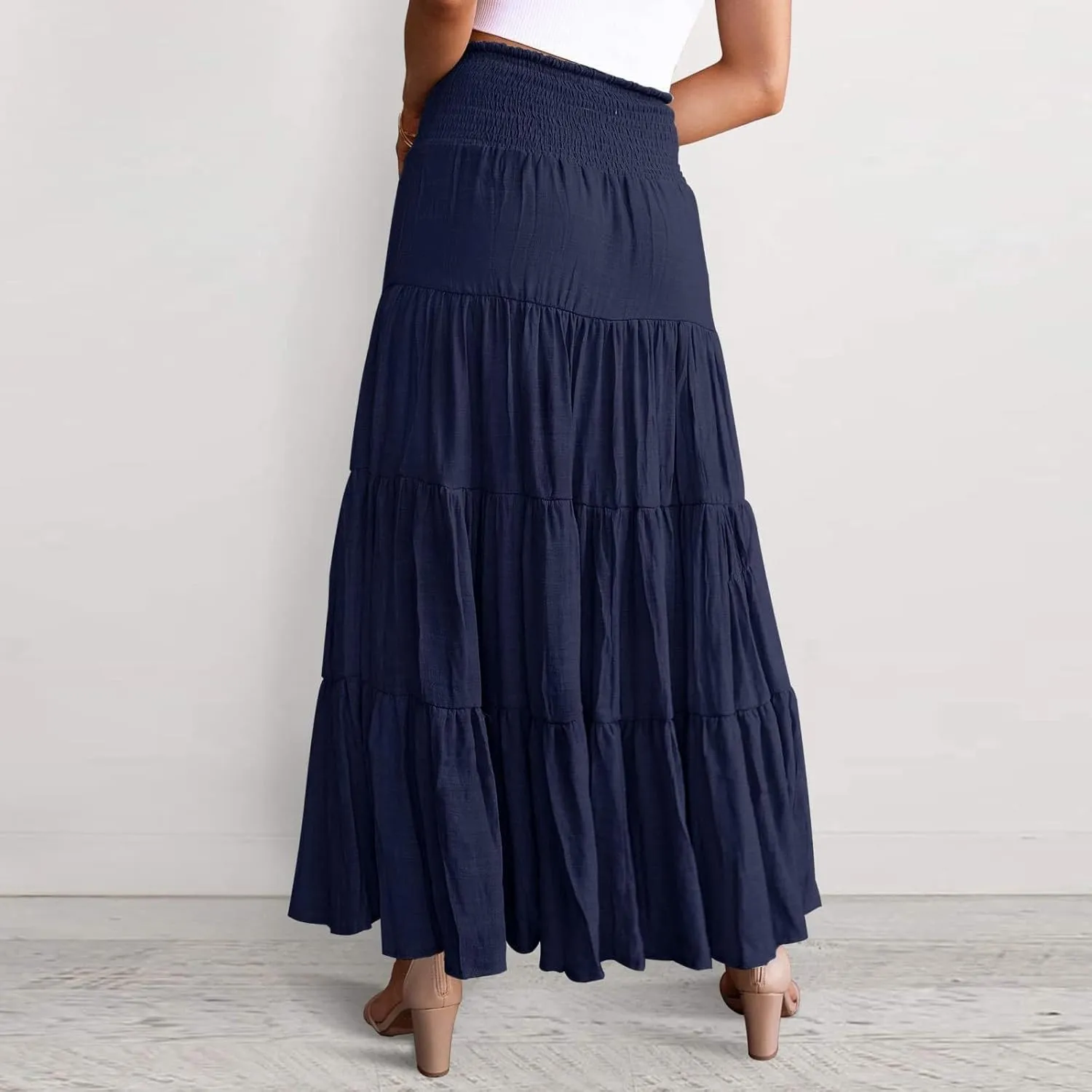 Women Summer Maxi Skirt Elastic High Waist Flowy Boho Casual Tiered Aline Long Beach Skirts 2024 Trendy Outfits