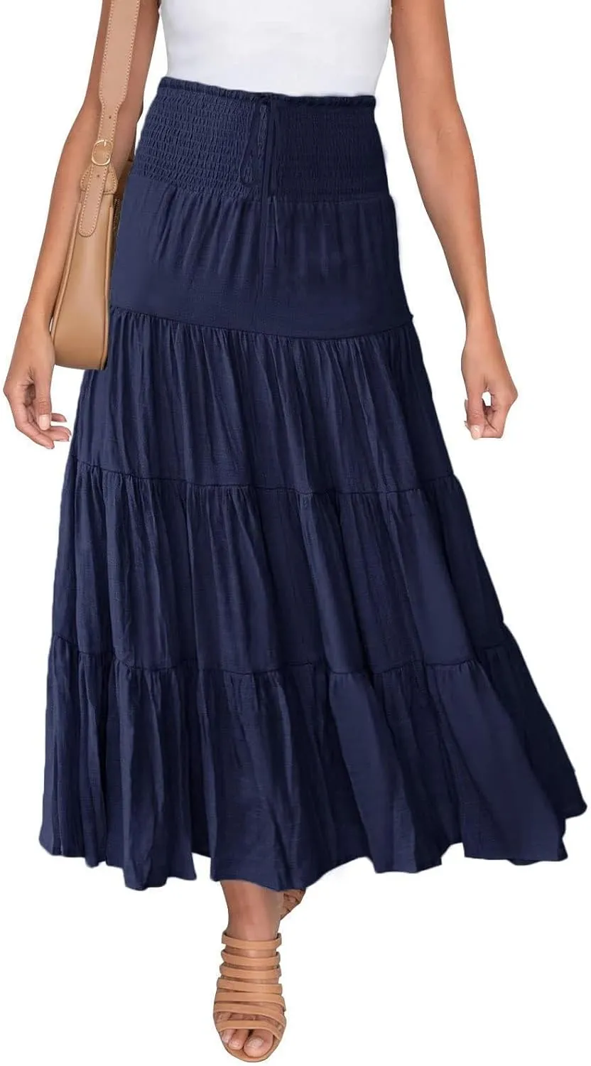 Women Summer Maxi Skirt Elastic High Waist Flowy Boho Casual Tiered Aline Long Beach Skirts 2024 Trendy Outfits