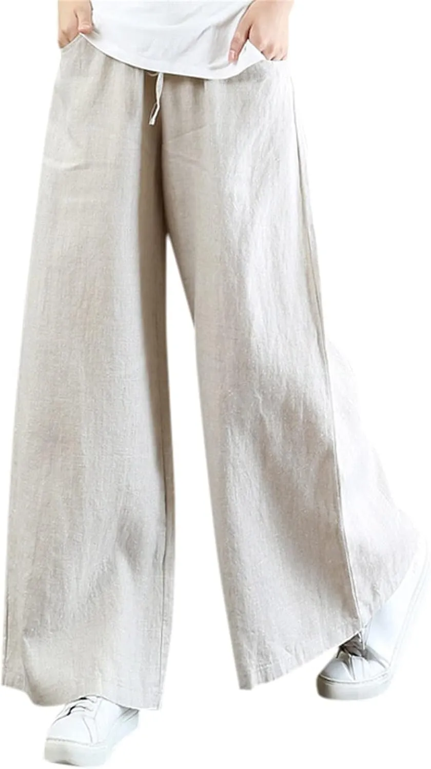 Women Summer Pants Elastic High Waisted Palazzo Trousers Linen Cotton Drawstring Casual Loose Wide Leg Pant with Pockets