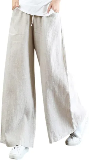 Women Summer Pants Elastic High Waisted Palazzo Trousers Linen Cotton Drawstring Casual Loose Wide Leg Pant with Pockets