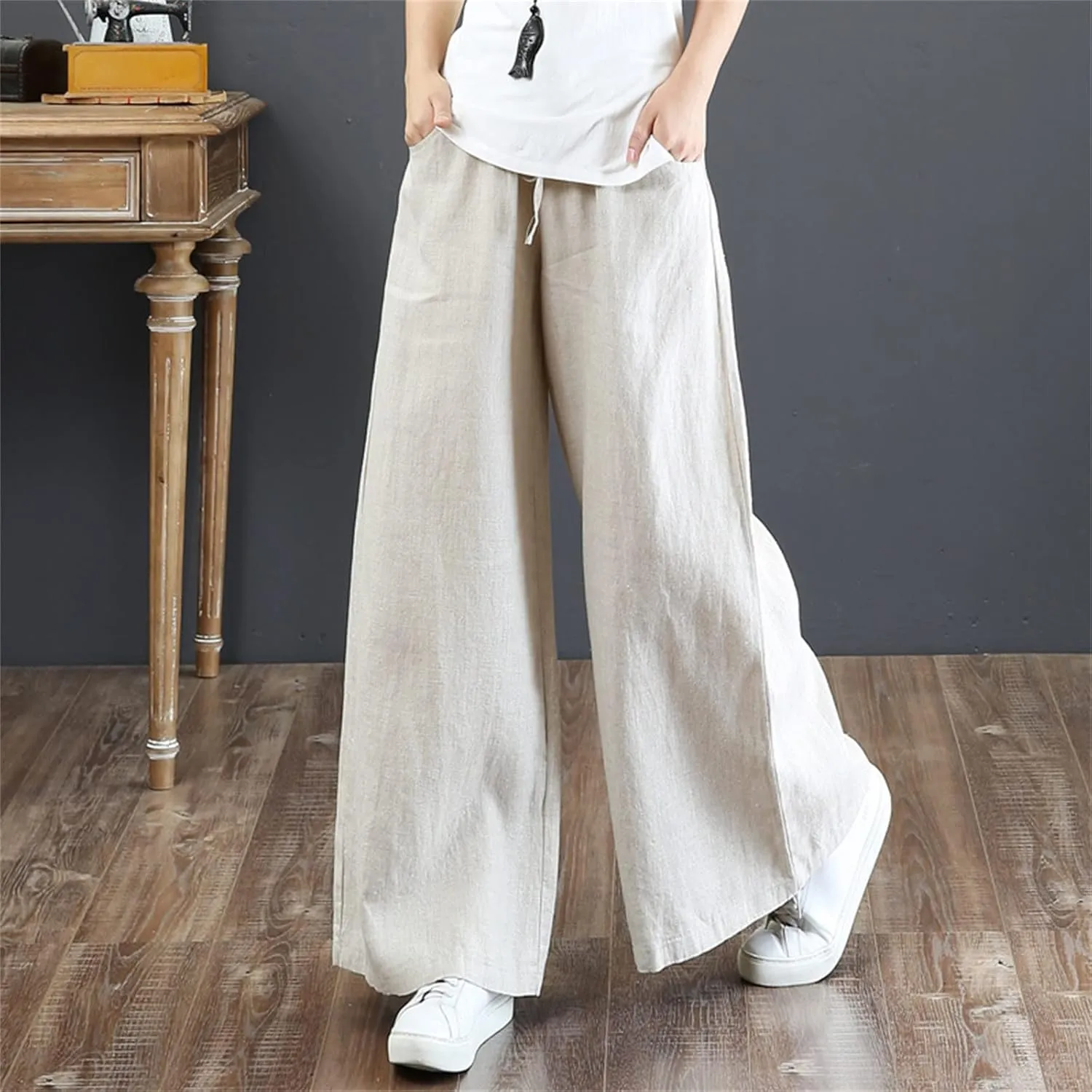 Women Summer Pants Elastic High Waisted Palazzo Trousers Linen Cotton Drawstring Casual Loose Wide Leg Pant with Pockets