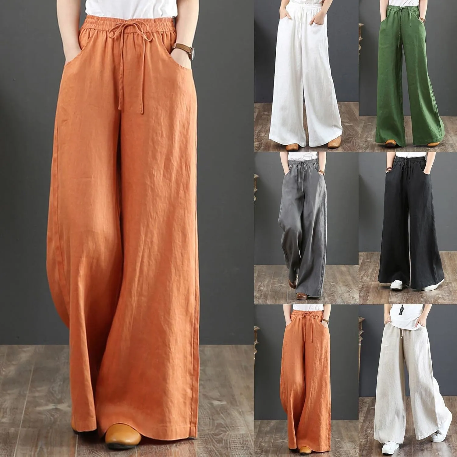 Women Summer Pants Elastic High Waisted Palazzo Trousers Linen Cotton Drawstring Casual Loose Wide Leg Pant with Pockets