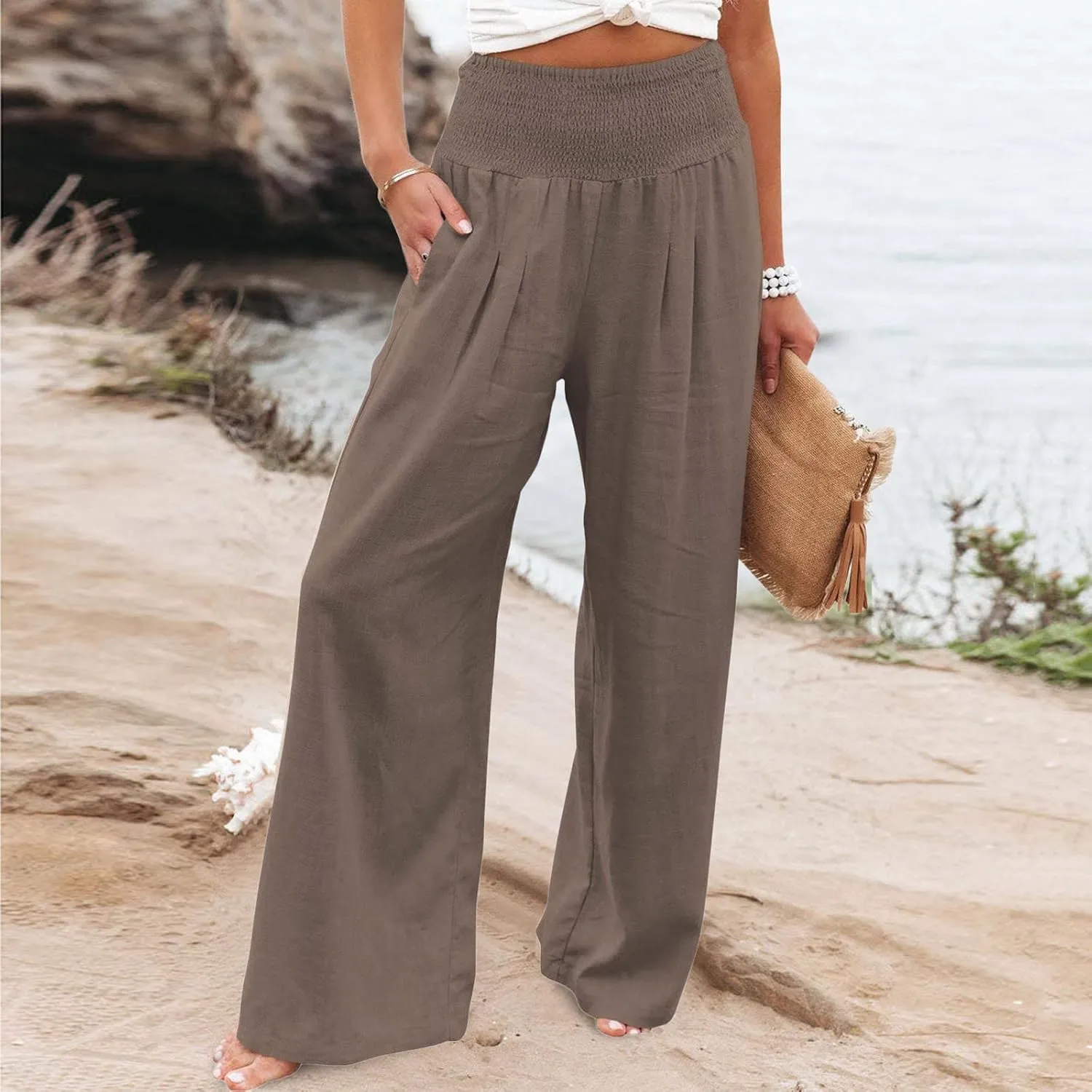 Women Summer Wide Leg Pants Cotton Linen Elastic High Waisted Palazzo Trousers Casual Loose Solid Straight Wide Leg Pants