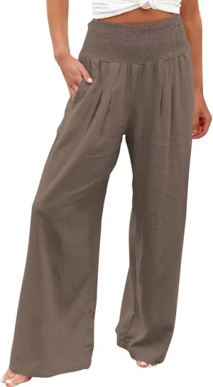 Women Summer Wide Leg Pants Cotton Linen Elastic High Waisted Palazzo Trousers Casual Loose Solid Straight Wide Leg Pants