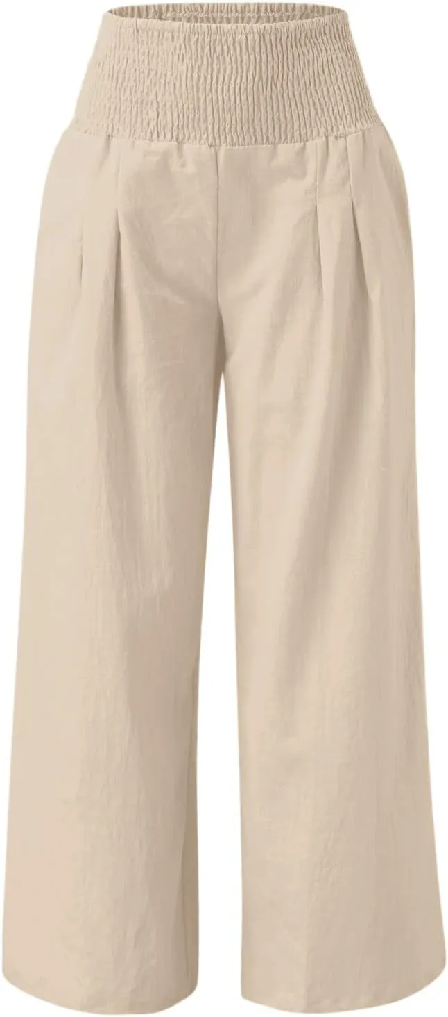 Women Summer Wide Leg Pants Cotton Linen Elastic High Waisted Palazzo Trousers Casual Loose Solid Straight Wide Leg Pants